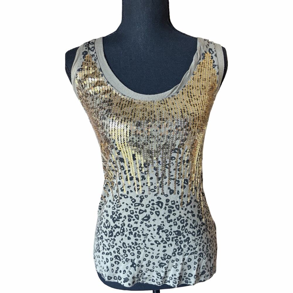 Vintage 2b Bebe Y2K Leopard Gold Sequin Racerback Tank Top Olive Green Small